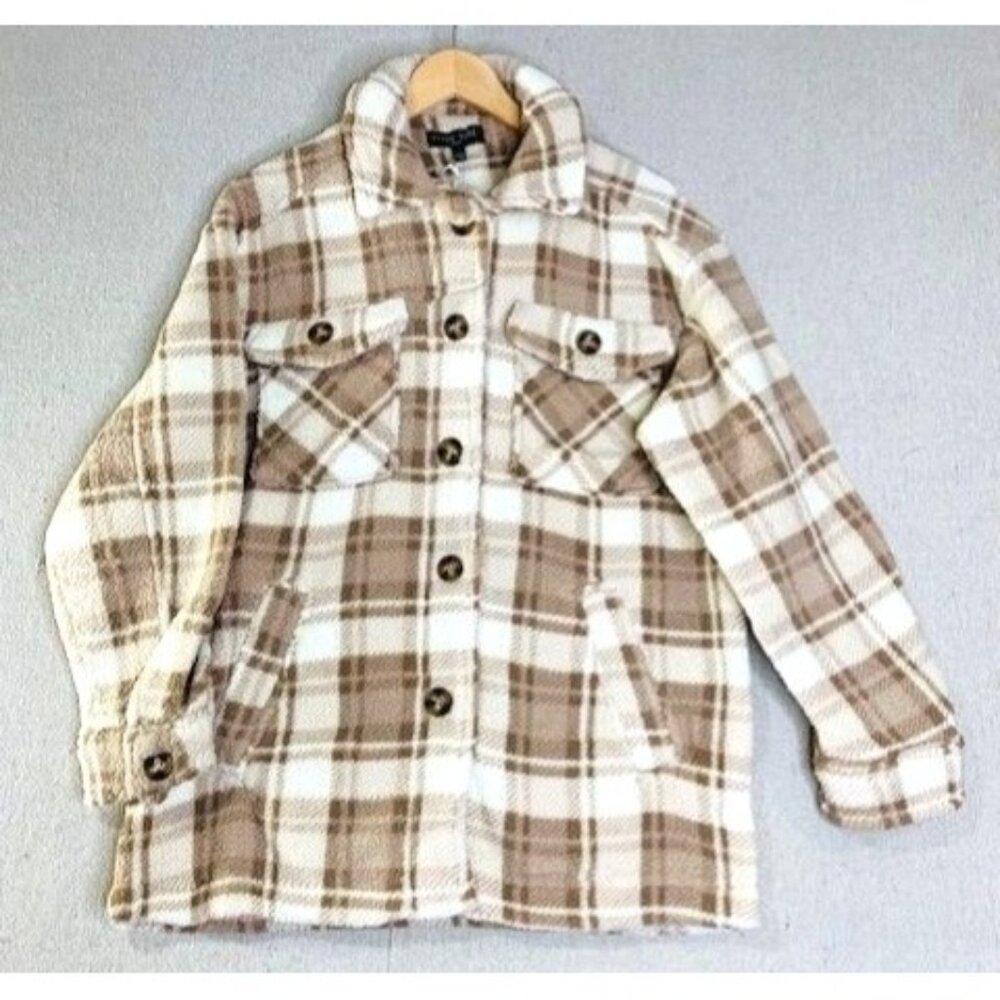 Love Tree‎ Women's Small Beige & White Button up Plaid Faux Fur with Pockets